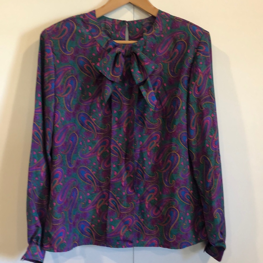 Vintage Sheridan Square Paisley Bow Tie Neck Long Sleeve Blouse Purple S/M